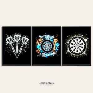 Darts Poster Print Set - Neon Black and White | Darts Fan Gift | Dart Posters | Darts Gifts for Men | Gaming Room Wall Art | Decor Prints