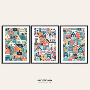 Scandinavian Houses Print Set - 3 Scandi Style Posters | Scandi Poster | Scandanavian Design | Vibrant House Artwork | Nordic Home Wall Art