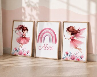 Pink Fairy Personalized Nursery Prints – Set of 3, Girls Room Decor
