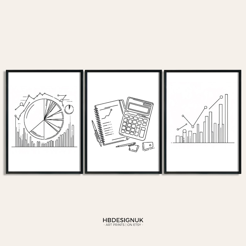 Puede incluir: Conjunto de tres impresiones en blanco y negro de arte de l&iacute;nea que representan gr&aacute;ficos financieros y una calculadora. La primera impresi&oacute;n muestra un gr&aacute;fico circular con gr&aacute;ficos de barras. La segunda impresi&oacute;n muestra una calculadora, un cuaderno, un bol&iacute;grafo y un clip. La tercera impresi&oacute;n muestra un gr&aacute;fico de l&iacute;neas con gr&aacute;ficos de barras.