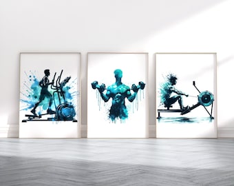 May include: Three watercolor paintings of fitness activities. The first shows a person on a treadmill, the second shows a person lifting weights, and the third shows a person rowing.