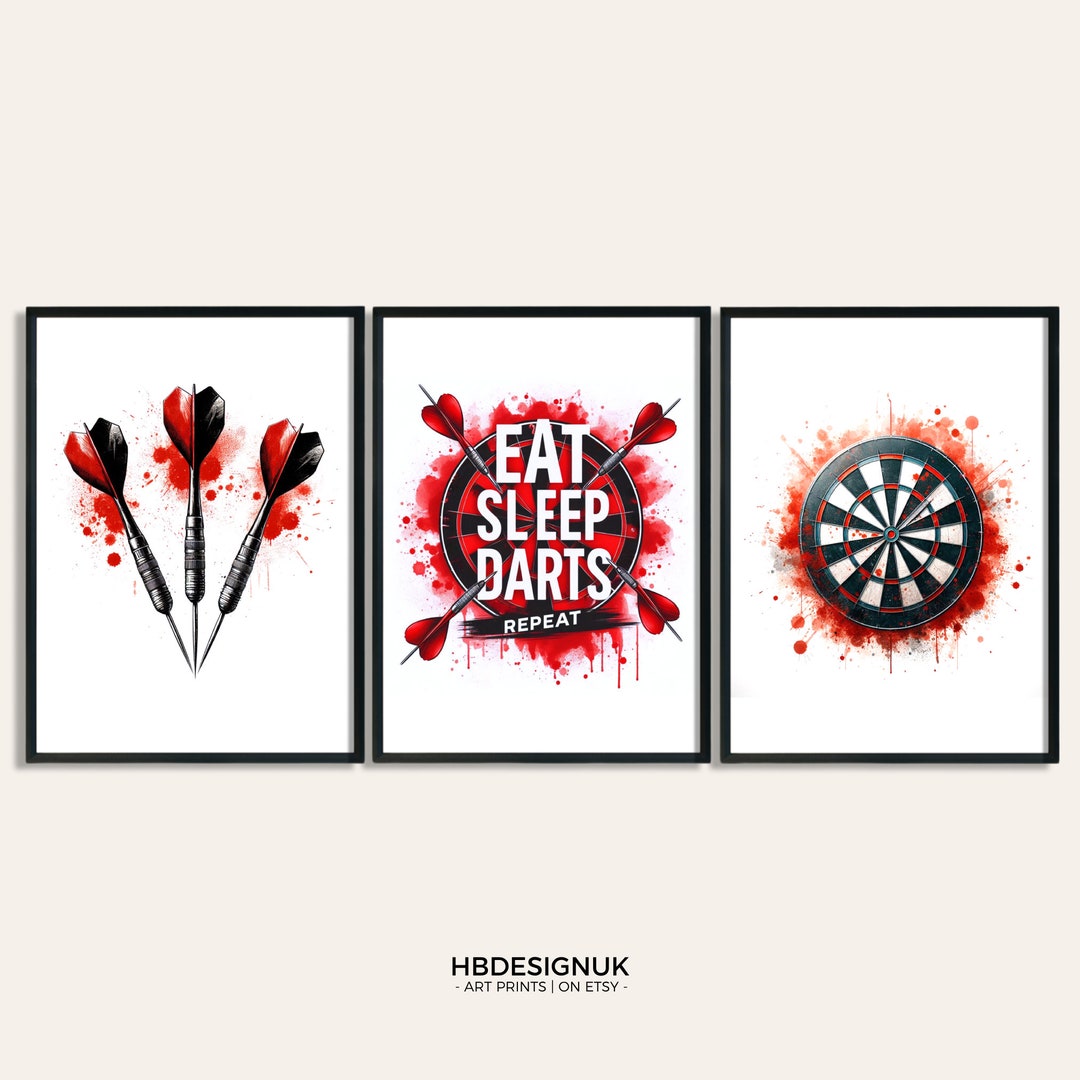 Darts Prints Set Set of 3 Posters Darts Fan Gift Red Watercolour