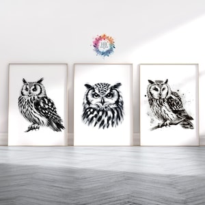 Muurkunstset uil - uilenprint | Zwart-witte vogelfoto&#39;s | Dierenprints | Aquarel kunstwerk decor | Foto uil | Abstract schilderij
