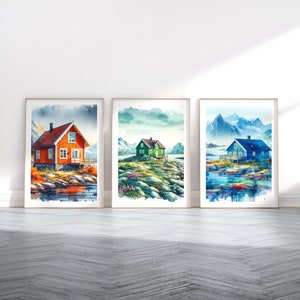 Scandinavian Cabin Poster Set - 3 Watercolour Prints | Scandi Wall Art | Scandanavian Design | Cabin by the Sea Painting | Nordic Artwork