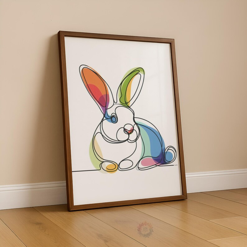 Multicolour Rabbits Colourful Rabbit Line Art Set of 3 | Modern Bunny Wall Prints ...