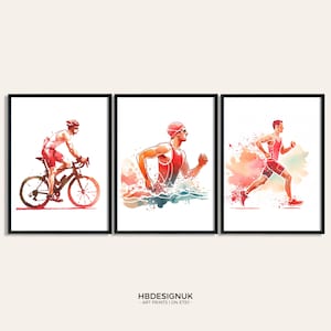 Mens Triathlon Print Set - 3 Posters | Wall Art Gifts | Triathlon Art Gift | Swim, Cycle, Run Poster | Triathlete Decor | Athlete Artwork