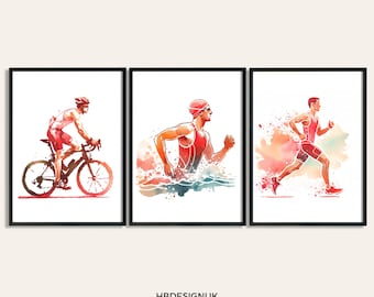 May include: Three watercolor illustrations of a triathlete in different stages of a triathlon. The first image shows a triathlete riding a bicycle. The second image shows a triathlete swimming. The third image shows a triathlete running.