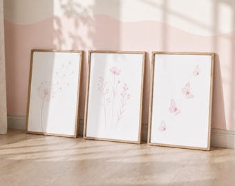 Pink Girls Nursery Prints - Dandelion, Wildflower, Butterflies, Bedroom Wall Art