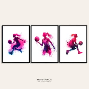 Girls Basketball Poster Print Set - Set of 3 Basketballer Art | Watercolour Wall Art | Women Prints | Sports Decor | Wall Art Female Artwork