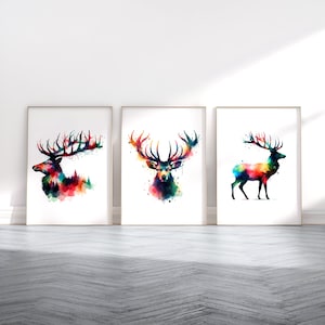 Deer Poster Set - 3 Watercolour Printss | Watercolor Stag Print | Wall Hanging Decor | UK Animal Wall Art | Deer Gifts | Home Decor Artwork