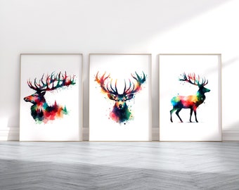 Deer Poster Set - 3 Watercolour Printss | Watercolor Stag Print | Wall Hanging Decor | UK Animal Wall Art | Deer Gifts | Home Decor Artwork