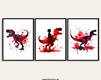 T レックス恐竜プリントポスター - 水彩レッドウォールプリント 3 枚セット | ティラノサウルスの絵画 | 男の子へのギフト | アートワーク装飾 | 恐竜ウォールアート