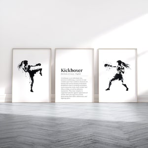 Set di poster con la definizione di kickboxer - 3 stampe di kickboxing / Boxe femminile / Arte murale sportiva per ragazze / Decorazione per palestra domestica / Regalo per istruttore e insegnante