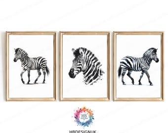 Estampados de cebra en blanco y negro - Juego de 3 pósteres / Decoración de pared de cebra / Arte para sala de estar / Impresión para baño / Pintura abstracta de cebra