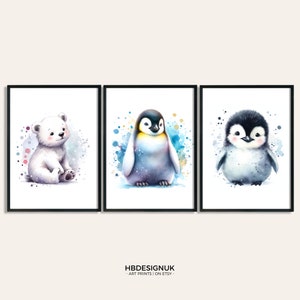 Conjunto de impresión de vivero ártico - Conjunto de 3 carteles / Decoración de vivero de animales / Habitación para niños / Pingüino, Oso polar, Emperador / Arte de pared de sala de juegos