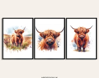 Póster con acuarela de vaca de las Highlands - Juego de 3 pinturas / Láminas de vacas / Pinturas / Regalos de naturaleza / Decoración artística / Arte mural
