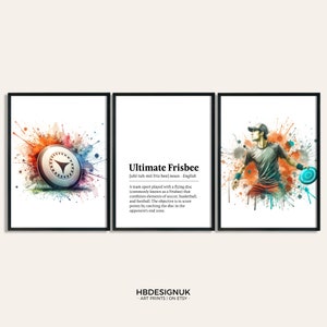 Ensemble d'affiches imprimées Ultimate Frisbee - Ensemble de 3 affiches de frisbee | Peinture à l'aquarelle | Décoration décorative pour joueur de frisbee | Cadeaux sportifs