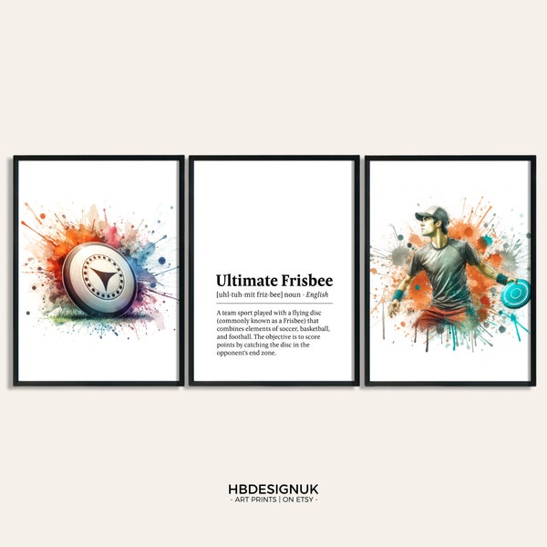 Ultimate Frisbee Print Poster Set - Set of 3 Frisbee Posters | Watercolour Art Painting | Frisbee Player Decoration Decor | Sports Gifts
