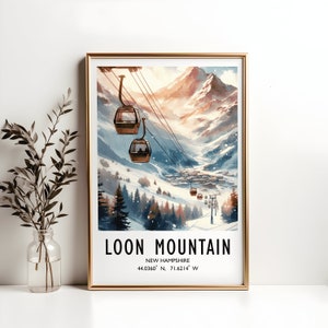 Affiche de ski de Loon Mountain - Impression d'art aquarelle | Oeuvre d'art murale de voyage | Cadeaux de ski | Décoration New Hampshire | Centre de villégiature | Cadeau pour snowboarder