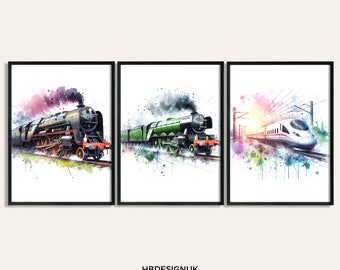 Train Print Set - 3 Watercolour Posters | Boys Bedroom Artwork | Locomotive Wall Art Prints | Room Decor Artwork | Steam Trains Pictures