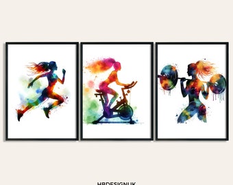 Woman Gym Print - Set of 3 Gym Girl Posters | Watercolour Wall Art | Women Poster | Running Fitness Decor | Home Gym Wall Artwork
