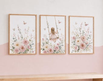 Girls Flower Nursery Print Set of 3 - Kids Pink Playroom Decor, Toddler Girl Bedroom