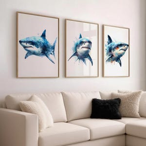Realistic Shark Print Set of 3 | Watercolour Ocean Animal Wall Art | Nature Decor | Unframed Gift for Shark Fans or Sea Lovers