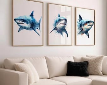 Set di 3 stampe realistiche di squali / Arte murale di animali marini ad acquerello / Decorazione naturalistica / Regalo senza cornice per appassionati di squali o amanti del mare