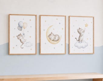 Cats Nursery Print Set of 3 - Kids Kitten Wall Art, Neutral Playroom Decor