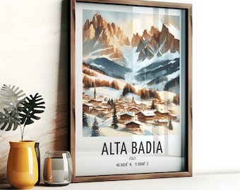 Alta Badia Ski Poster - Watercolour Art Print  | Travel Wall Artwork | Skiing Gifts | Italian Alps Ski Decor | Ski Resort | Gift Snowboard