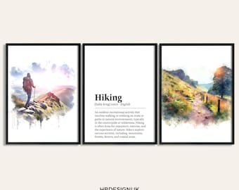 Wandelposterset: set van 3 prints | Aquarel schilderij | Aquarelfoto | Wandelkunst aan de muur | Cadeaus voor wandelaars | Decoratie voor wandelaars