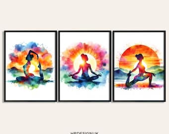 Set de impresiones de yoga: 3 diseños de acuarela / Impresión para sala de yoga / Impresiones artísticas / Impresiones de mujer de estudio / Regalos de meditación / Imágenes / Obras de arte / Póster