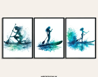 May include: Three watercolor paintings of women paddleboarding on turquoise water with white splashes. The women are silhouetted in blue and the paddleboards are blue and white.