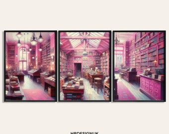 Pink Vintage Library Print Set - Set of 3 Posters | Book Reading Design | Home Decor | Bedroom Wall Art |  Books Lover | Bookish Gift