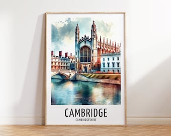 Cambridge Travel Print - Watercolour Poster Design | Wall Artwork | Cambridgeshire UK Gifts | Home Decor | Wall Art Gift | England Picture
