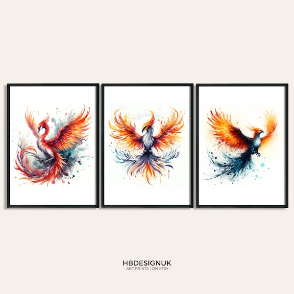 Phoenix Poster Set - Set of 3 Prints | Watercolor Painting | Watercolour Picture | Wizard Wall Art | Artwork Gifts | Phoenix Bird Decor