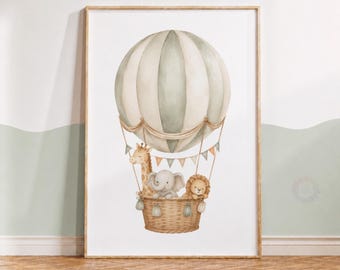 Safari Animal Hot Air Balloon Print - Kids Nursery Print, Sage Green Boys Bedroom Art