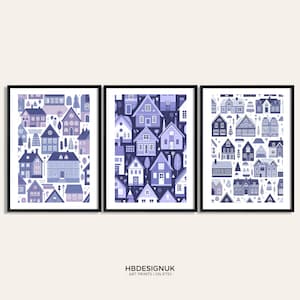 Scandinavian Houses Print Set - 3 Scandi Style Posters | Scandi Wall Art | Scandanavian Design | Purple House Artwork | Nordic Home Decor