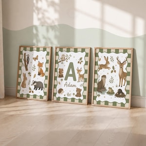 Personalised Woodland Animal Prints - Set of 3 Nursery Wall Art, Boys Girls Bedroom Decor