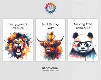 Funny Home Office Art - Set of 3 Posters | Animal Quotes Decor | Work From Home Wall Prints | WFH Gifts | Coworker Workplace Pictures