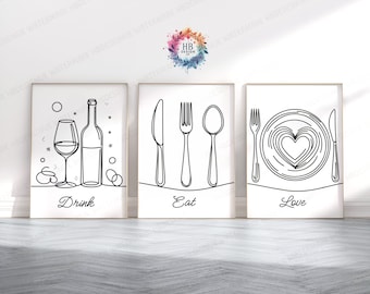 Kitchen Dining Print - Set of 3 Prints | Black Line Drawing Posters | Food & Drink Wall Art | Kitchen Home Decor | Pictures for Dining Room