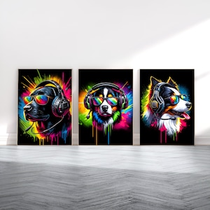 Dog Gaming Print Set - 3 Vibrant Gamer Posters | Boys Bedroom Decor | Gift Artwork | Girls Gaming Room | Kids Video Game Wall Art Print