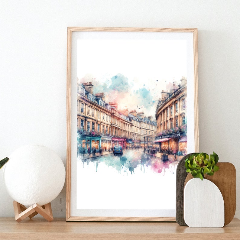 May include: Watercolor painting of a street scene in a European city. The buildings are tall and narrow, with many windows. The street is lined with trees and there are people walking on the sidewalk. The painting is done in a soft, muted palette of blues, greens, and browns.