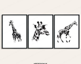 Black and White Giraffe Prints - 3 Posters | Safari Decor | Giraffes Painting | Watercolour Gift | Safari Gifts | Fun Giraffe Pictures