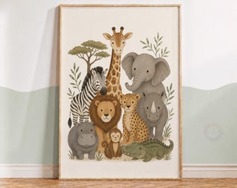 Safari Animals Print - Nursery Wall Art, Kids Jungle Poster, Neutral Playroom Decor