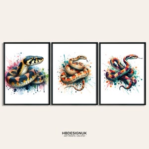 Snake Art Print - Set of 3 Pictures | Watercolour Snakes Poster | Paintings | Watercolor Present Gifts | Decor | Animal Wall Art