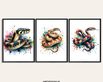 May include: Three watercolor paintings of snakes with colorful splashes of paint. The snakes are in different poses and colors, including black, orange, red, and green.