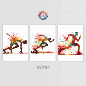 Bunte Leichtathletik Print 3er Set Läufer Poster | Sprinter Gemälde | Dekoration Decor | Laufende Wand-Kunst-Plakat | Geschenk ausgeführt