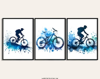 Arte murale per mountain bike - Set di 3 stampe / Pittura ad acquerello / Immagine ad acquerello / Poster per mountain biker / Regali per ciclisti