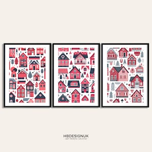 Scandinavian Houses Decor Set - 3 Scandi Style Prints | Scandi Poster | Scandanavian Design | Red House Artwork | Nordic Home Wall Art
